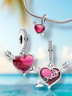Pandora Sterling Silver Sparkling Red Heart & Arrow Murano Glass Dangle With CZ